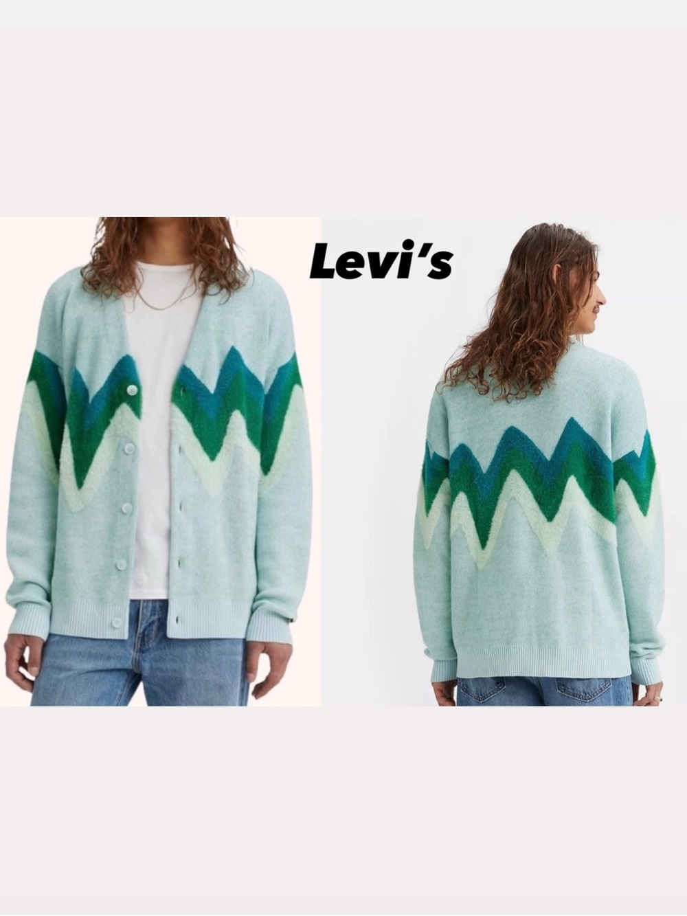 NWOT Levi’s Rare Unisex Soft Cozy Light Mint Zigzag Button Down Cardigan